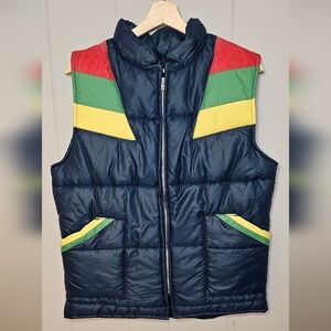 70s Vintage Troy Navy Color Block Puffer Vest, Womens Petite Large